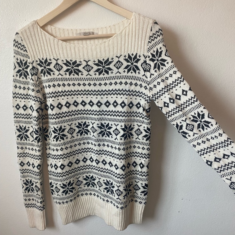 LOFT Snowflake Fair Isle Sweater Cream Black Boatneck Ribbed Hem Holiday Size- S